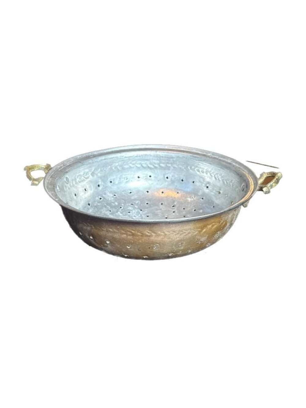 Antique French Style Tin Lined Copper Colander Brass Handles Stamped Star Design